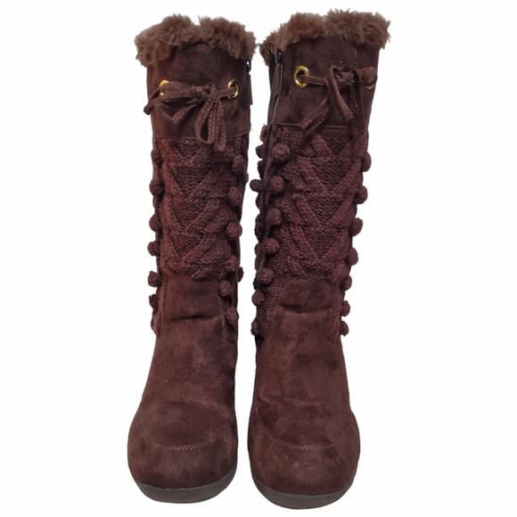 JOAN BOYCE Brown Sweater Knit Wedge Heeled Boots Platform w/ Gems Size 8 - Picture 3 of 14